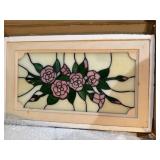Framed Stained Glass Rose Bouquet Panel