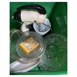 Tote full of kitchen items, including sunbeam,