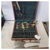 Flat ware set with wood case and 2 silverplate