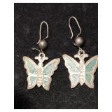 Silver butterfly turquoise dangle earrings Marked