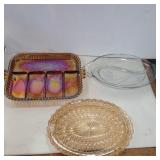 2 carnival serving dishes and 1 clear and frosted