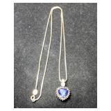 Silver box chain Blue Stone heart pendant Marked