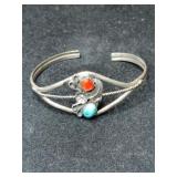 Silver Navajo turquoise /coral cuff bracelet