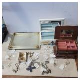 Jewelry boxes, mirrored tray and jewelry