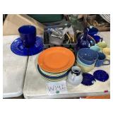 Fiesta, trays of utensils, bar tools, blue glass