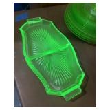 UV green depression glass divided relish dish or