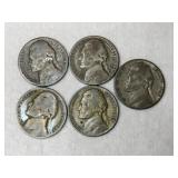 5 silver wartime nickels 1943, 1944 and 1945