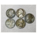 5 silver wartime nickels 1942 / 1943