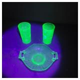 Uv green depression glasses and bowl with handle