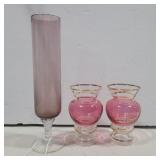 Amethysts tall vase 8in and 2 cranberry glass