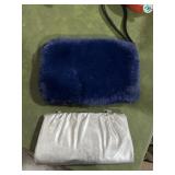 Fuzzy handbag and silver shiny clutch