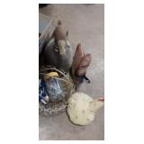 Pin cushion ducks , safety pins , and wire basket