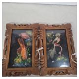 Mexican feather bird art eith carved wood frames