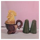 Salt and pepper creamer rooster and green salt