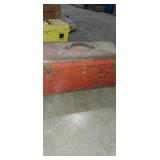 Red metal tool box with contents