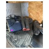 Various items, including waders, computer