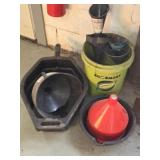 Funnels, oil drain pans, bucket (pre oiled for