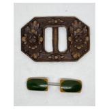 Bakelite hat pin and wooden carved belt buckle