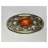Gold tone large Amber  rhinestone brooch