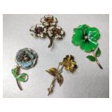 4 enamel metal flower brooches