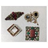 4 gold tone multicolor rhinestone brooches