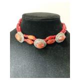 Silver and coral choker beaded necklace