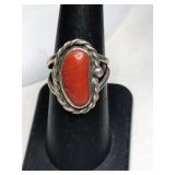 Silver Navajo red coral ring marked Sterling size