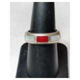 Silver MOP / red coral band ring. Marked 925 Size