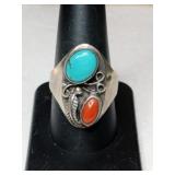 Silver Navajo turquoise/ Coral ring.  Size 9
