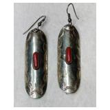 Silver  red coral dangle earrings unmarked.