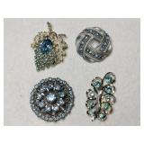 4 gold/silver tone blue rhinestone brooches