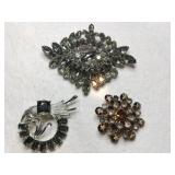 3 dark color rhinestone brooches