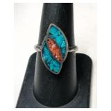 Silver Navajo turquoise/ Coral chips Ring size 8.