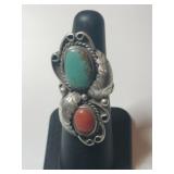 Silver Navajo turquoise coil ring size 6.