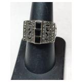 Silver art Deco black onyx  ring.  Size 7
