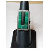 Silver native American malachite Stone ring.