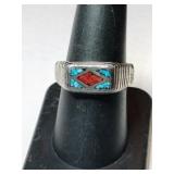 Silver turquoise/ coral ring.  Size 7.5.   .290