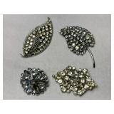 4 gold/silver tone clear rhinestone brooches (