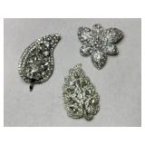 3 silvertone clear rhinestone brooches
