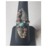 Silver Navajo turquoise and coral ring size 6.