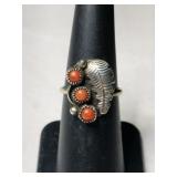 Silver Navajo Coral  Ring size 5 .5  .085oz