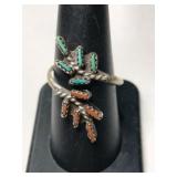 Silver turquoise / coral adjustable ring.  Size