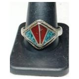 Silver zuni turquoise red coral chip ring Marked