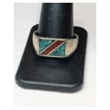 Silver zuni turquoise red coral chip ring    size