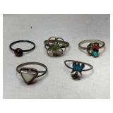 5 silver native American rings mixed sizes.
