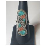 Silver Navajo turquoise / coral chip inlay size