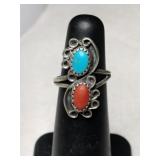 Silver Navajo turquoise /  red coral Ring size