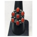 Silver Zuni red coral cluster ring size 6.5.