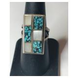 Silver Navajo turquoise chipped ring marked E