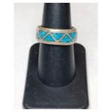 Silver zuni turquoise chip band ring     size 7